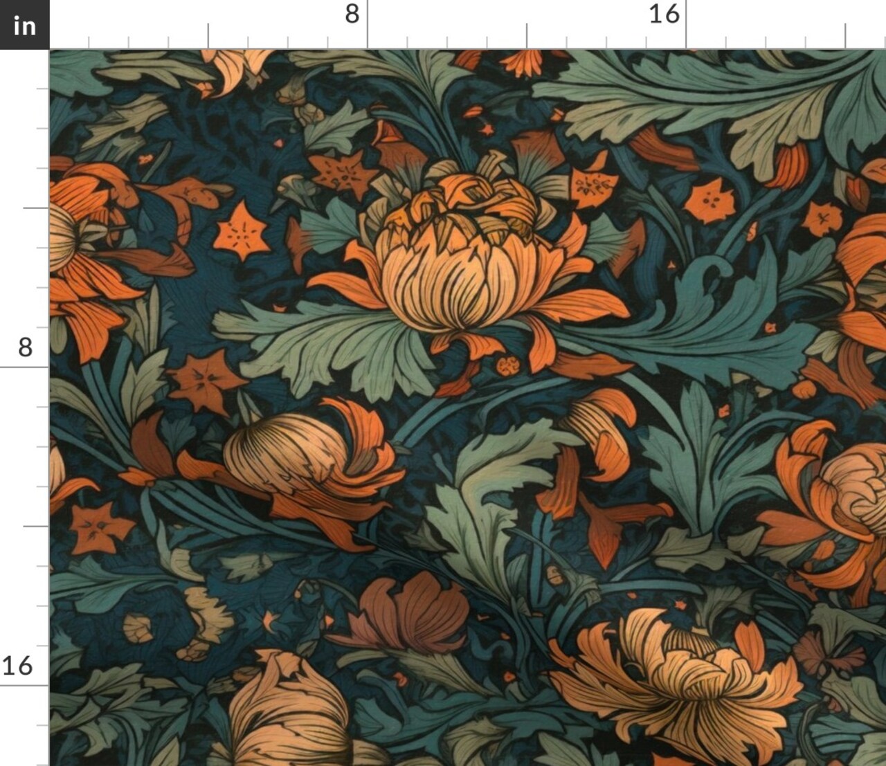 Green Floral Dark Vibrant Art Nouveau Baroque Rococo Acanthus Large Scale Victorian Custom Printed Fabric by Spoonflower Various Fabrics by the Yard or Fat Quarter